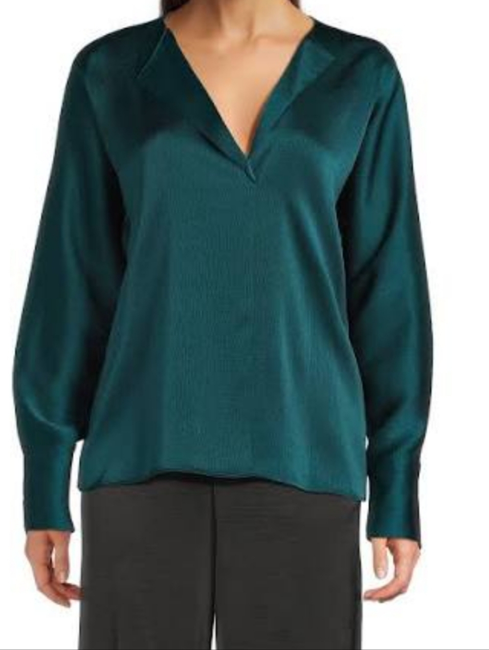 Donna Karan Dark Teal V-Neck Satin Blouse